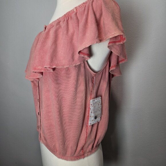 We The Free Off Shoulder Linen Blend Ruffle Hem Blouse Womens Coral Medium NWT - Picture 6 of 10